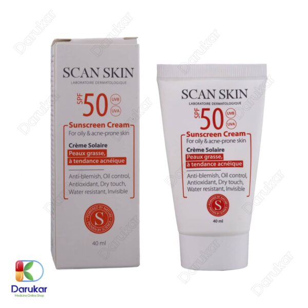 کرم ضد آفتاب بی رنگ اسکن اسکین با SPF50 مناسب پوست های چرب و مستعد آکنه